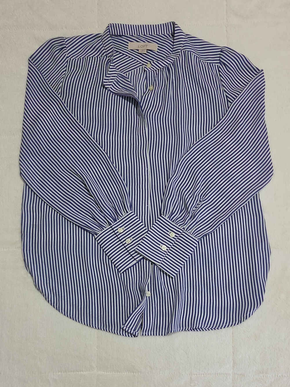 LOFT Navy and White Striped Button-Down Blouse